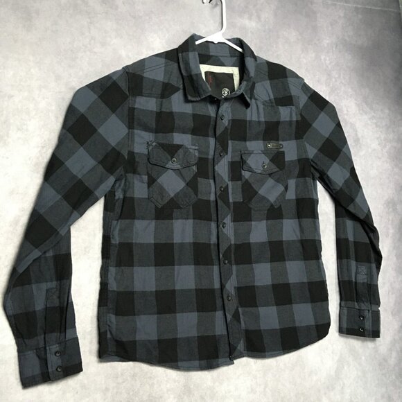Brandit Mens Flannel Shirt size Large Long Sleeve Button Up Black‎ Blue Check - Picture 2 of 16